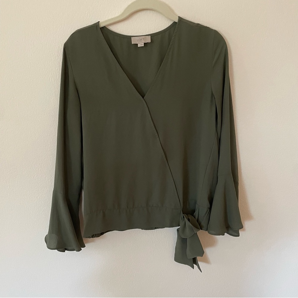 Loft Olive Green Long Sleeve Bell Sleeve Faux Wrap Shirt Small